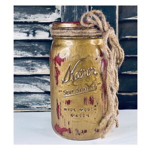 Hand-Painted Metallic Gold Distressed Mason Jar-Red Interior